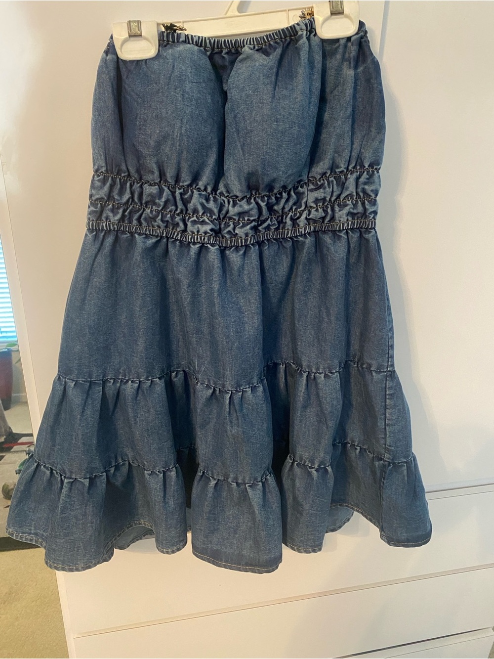 Denim Strapless Tiered Ruffle Dress - Blue